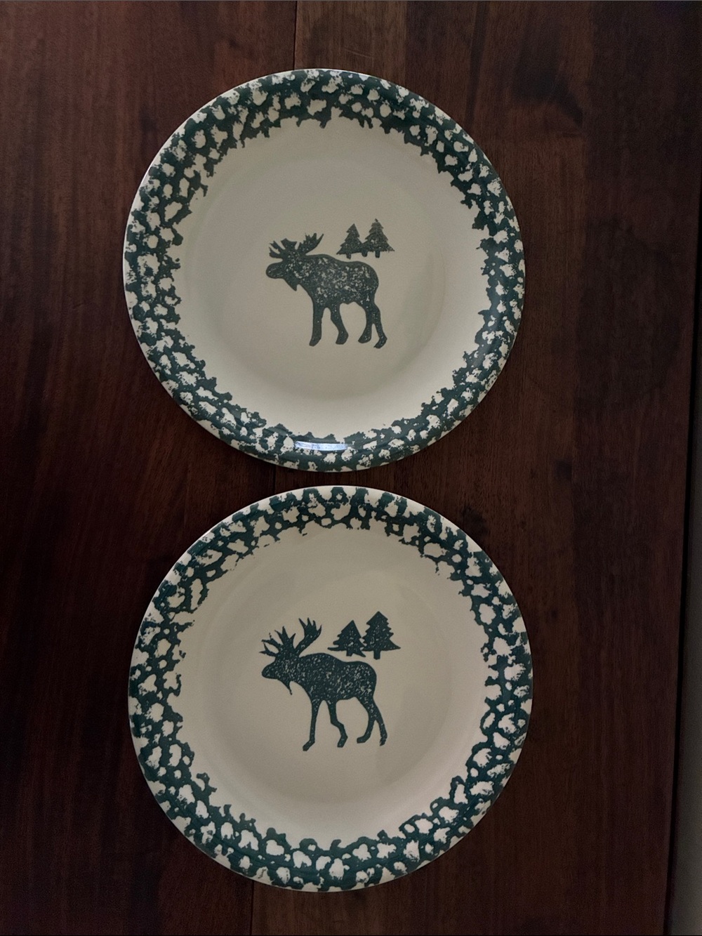 Set of 2 Folk Craft Moose Country by Tienshan Green Dinner Plates